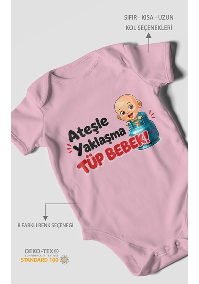 Morivokids Ateşle Yaklaşma Tüp Bebek Kısa Kollu Bebek Body %100 Pamuk Koyu Pembe