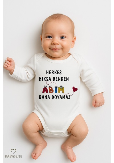Babyden's Abim Bana Doyamaz Yazılı Uzun Kollu Bebek Body %100 Pamuk, Çıtçıtlı Zıbın 0-24 Ay Arası Unisex Beyaz
