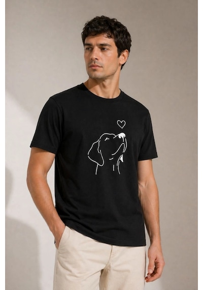 Erkek Köpek Figürlü Minimal Baskılı Tişört Kısa Kol Yazlık T-shirt - Siyah Çok Renkli