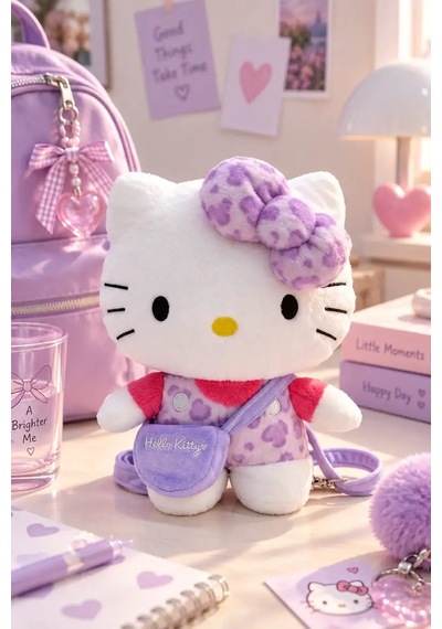 Miniso Mınıso Sanrio Lisanslı Hello Kitty Peluş Sırt Çantası Mor Leopar Desenli 30 Cm Pembe