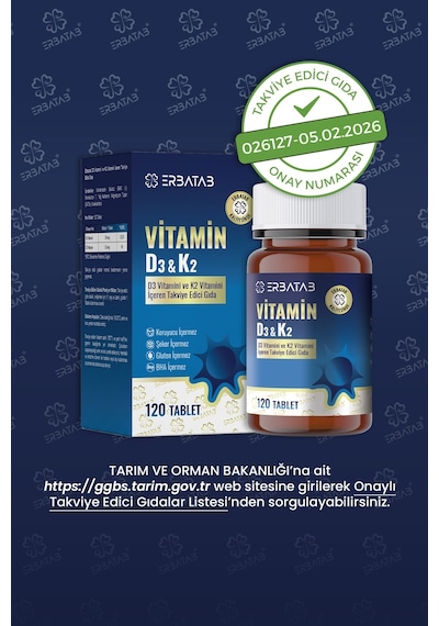 Erbatab D3 Vitamini Ve K2 Vitamini İçeren Takviye Edici Gıda 120 Tablet Erbatab D3 Vitamini Ve K2 Vitamini İçeren Takviye Edici Gıda 120 Tablet