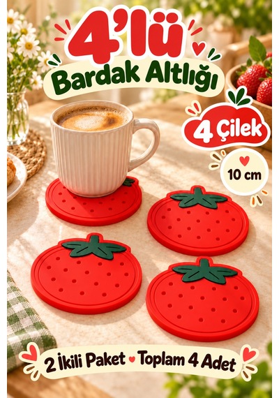 4'lü Çilek Desenli Bardak Altlığı Seti 10 Cm Kahve Ve Çay Fincan Altlığı Renkli Masa Sunum Aksesuarı Çok Renkli