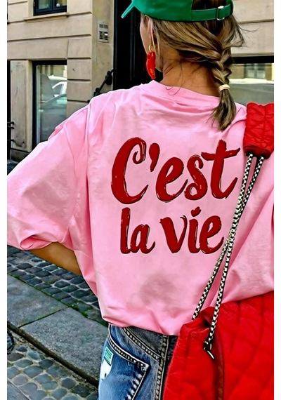 C'est La Vie Yazılı Oversize Kadın T-shirt Pembe