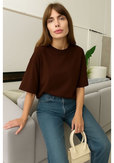 Düz Oversize Unisex Tişört Yb5 Kahverengi