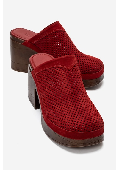 Luvi Shoes Dejas Kırmızı Süet Hakiki Deri Delikli Kadın Kalın Topuklu Terlik