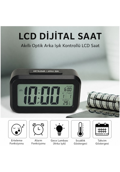 Dijital Alarmlı Masa Saati Sensörlü Gece Işıklı Takvim Ve Sıcaklık Göstergeli Siyah-beyaz