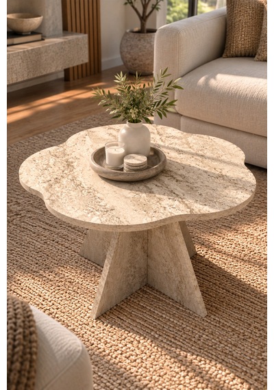 Sulorahome Çiçek Formlu Traverten Desenli Bej Orta Sehpa 70 Cm Akçaağaç
