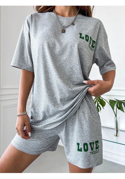 Love T-shirt Şort Gri 2'li Kombin Şort Tişört Takım Baskılı Oversize Bisiklet Yaka Gri