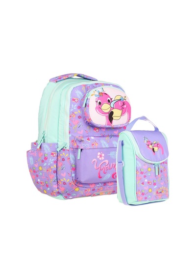 Kaukko Kids Flamingo Baskılı Dört Bölmeli Yeşil Mor Kız Çocuk Okul Sırt Çantası Ve Beslenme Seti Çok Renkli
