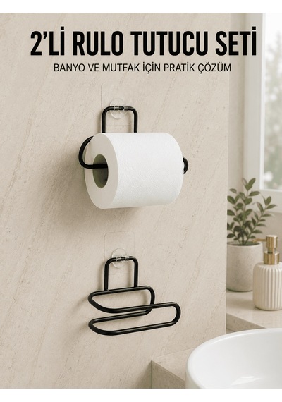 2 Li Yapışkanlı Tuvalet Kağıdı Tutucu Siyah Metal Duvar Tipi Rulo Çok Renkli