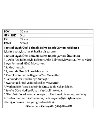 Çantachım Bel Çantası Bacak Çantası Siyah Özel Bölmeli Tabanca Taşımalı Taktikal Siyah