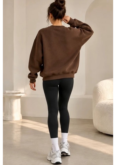Bbbutikbasic Kadın Kuzu Nakışlı Bisiklet Yaka 3 İplik Sweatshirt My3535 Kahverengi