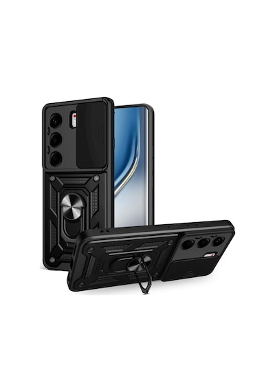 Tecno Camon 40 Pro 5G Uyumlu Tank Kılıf Yüzüklü Standlı Zırhlı Outdoor Kapak - Siyah