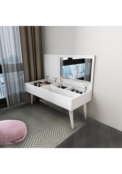 Riva Aynalı Makyaj Masası Makyaj Organizer, Beyaz - Riva Beyaz
