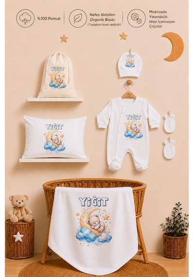 Pia Baby Erkek Bebek İsimli Hastane Çıkışı 6 Parça Tulum Şapka Eldiven %100 Pamuk Hediye Seti 1113tybkyx Krem