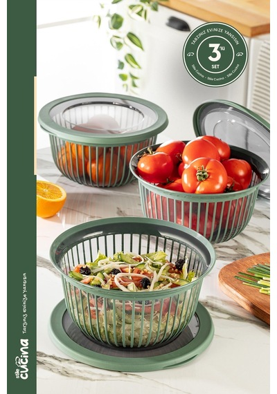 Linea 3 Adet 3 Litre Yuvarlak Sızdırmaz Çerez & Meyve & Bakliyat Saklama Kabı Yeşil Yeşil