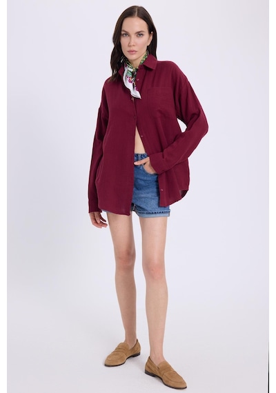 Tudors Kadın Oversize Geniş Kesim %100 Pamuk Müslin Kumaş Uzun Kollu Cepli Dokulu Bordo Gömlek-36982 Bordo