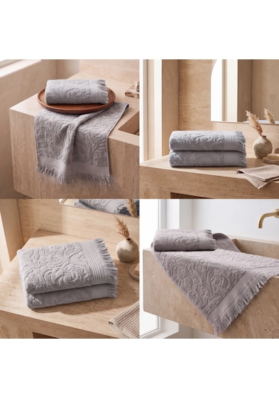 Botti Home %100 Pamuk Jakarlı 2 Li El Ve Yüz Havlusu Seti 50 X 90 Cm Çeyizlik Saçaklı Havlu Gri