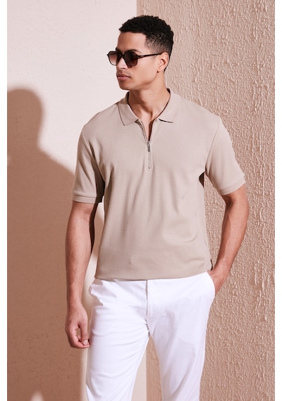 Buratti Pamuklu Regular Fit Fermuarlı Erkek Polo Yaka T Shirt 5902738 Vizon