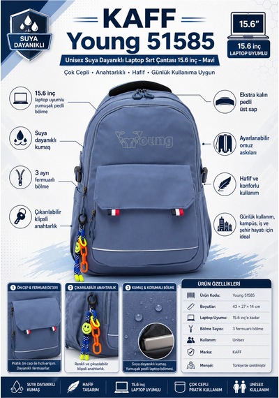 Kaff Young 51585 Blue Mavi Unisex Çok Cepli Anahtarlık Aksesuarlı Suya Dayanıklı Sırt Çantası