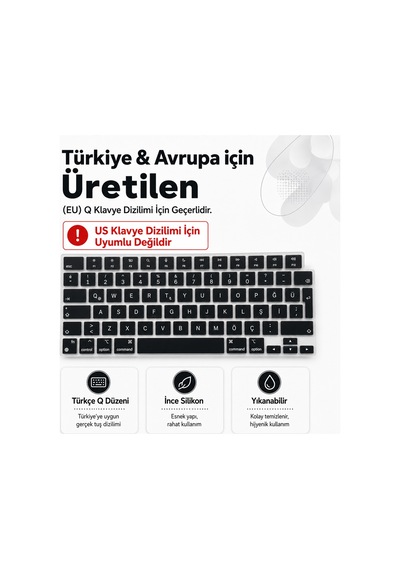 Macbook Air 13.6 İnç M2 M3 M4 M5 A2681 A3113 A3240 A3449 Uyumlu Türkçe Q Klavye Koruyucu Siyah Diğer