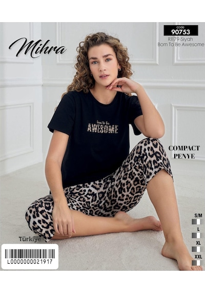 Mihra Kadın Bisiklet Yaka Compact Penye Likralı Kapri Kısa Kol Pijama Takımı 90753s - 1 Adet Siyah Mihra Kadın Bisiklet Yaka Compact Penye Likralı Kapri Kısa Kol Pijama Takımı 90753s - 1 Adet Siyah