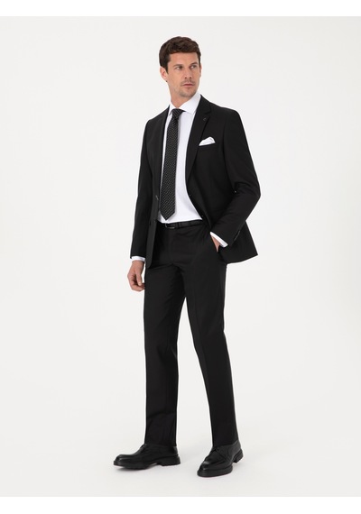 Cacharel Siyah Slim Fit Yün Karışımlı Mikro Desenli Takım Elbise