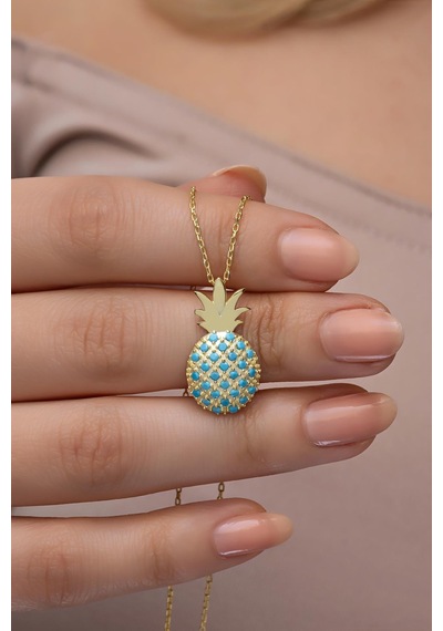Nereze 925 Ayar Gümüş Gold Kaplama Turkuaz Taşlı Ananas Kolye