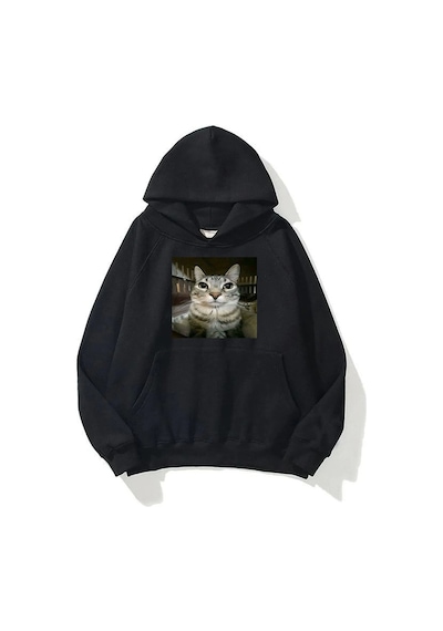 Kawear Unisex Kedi Baskılı Sweatshirt Siyah SIYAH
