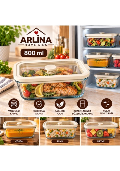 800 Ml Vakumlu Cam Saklama Kabı Krem