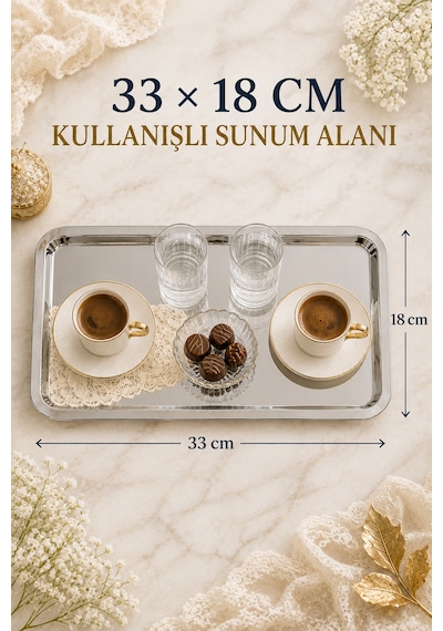 Premium Paslanmaz Çelik Sunum Tepsisi 33x18 Cm Şık Dikdörtgen Çay Kahve Servis Tepsisi Gümüş