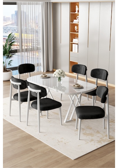 Canisa Jolin Serisi Mdf 90x168 Beyaz Mutfak Masa Takımı 6 Siyah Metal Sandalye Beyaz Masa, Siyah Sandalye Canisa Jolin Serisi Mdf 90x168 Beyaz Mutfak Masa Takımı 6 Siyah Metal Sandalye Beyaz Masa, Siyah Sandalye