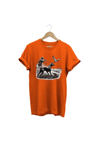 Avcılık Temalı Kuş Avı Ve Av Köpeği Baskılı %100 Pamuk Regular Fit Turuncu T-shirt Turuncu