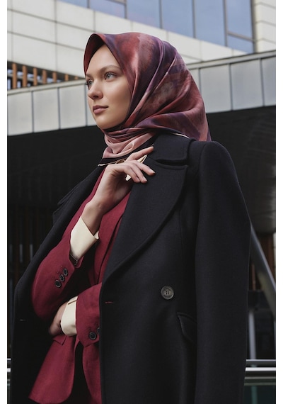 Poanes Karma Desenli Twill İpek Eşarp Açık Pembe - Pembe