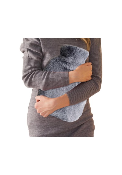 Sıcak Su Torbası Yan Cepli Gri Peluş Termofor 27x17x2cm 1 Litre Koyu Gri