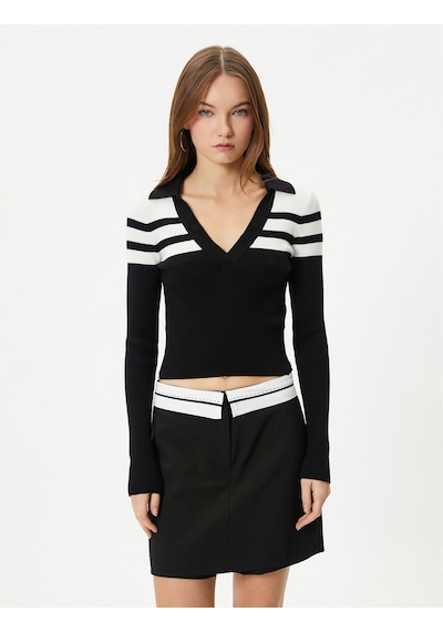 Koton Polo Yaka Çizgili Crop Triko Kazak Uzun Kollu Dar Kalıp Siyah Çizgili 4sal90011ıt 4SAL90011IT9S9 Siyah