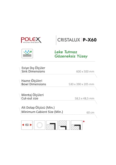 Polex Cristalüx Granit Evye P-X60 Mavi Tezgah Altı Ve Tezgah Üstü Kare Mutfak Evyesi 60x50 CM