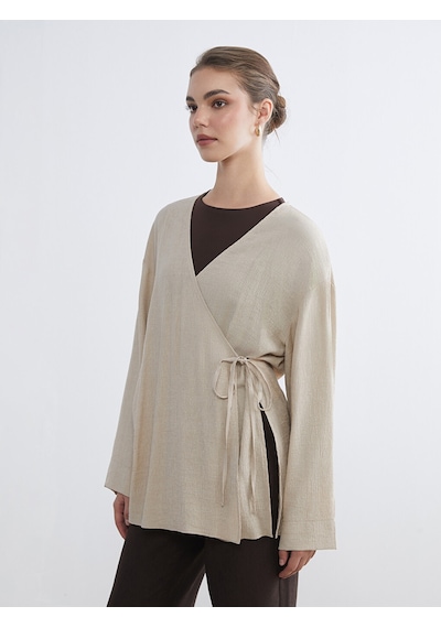 Lcw Modest Bej Kruvaze Yaka Dokulu Kadın Kimono