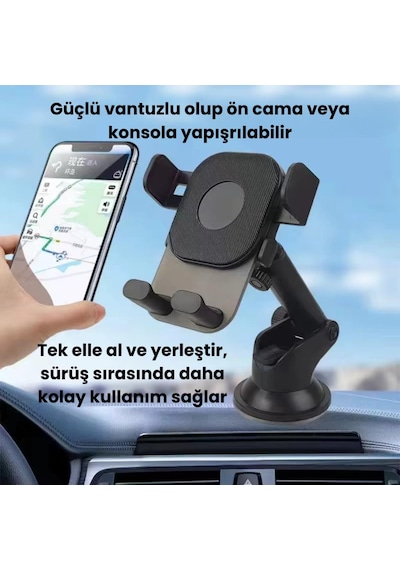 Coofbe Ayarlanabilir Uzunluk Yüksekllik Oynar Başlıklı Ön Cam Ve Torpido Üzeri Araç Telefon Tutucu Siyah