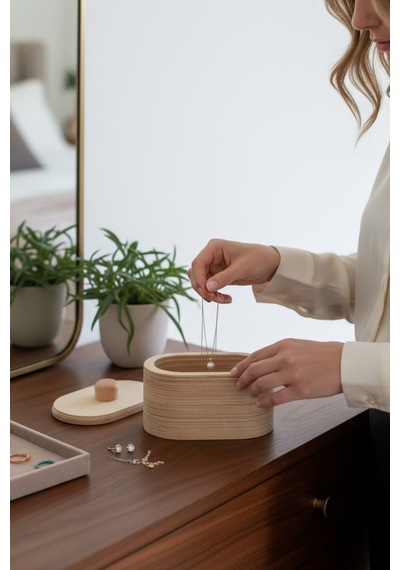 Ahşap Takı Ve Makyaj Organizeri Dekoratif Saklama Kutusu Oval Organizer