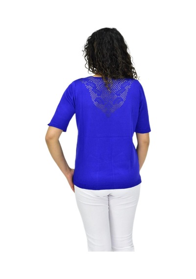Kadın Yarım Kol V Yaka Yaka Sırt Detaylı Triko Tişöt 12837 Bgl-st04658 Saks Mavi