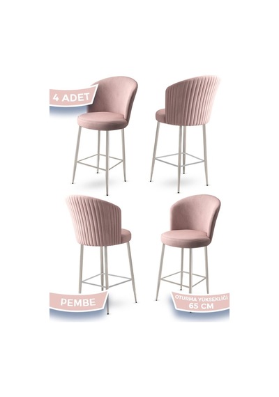 Canisa Alte Serisi 4 Adet Babyface Kumaş 65 Cm Krom Kaplama Ayaklı Pembe Bar Sandalyesi Pembe Sandalye Krom Kaplama Ayak