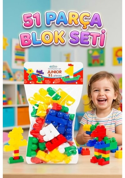 Junior Blok Tasarım Setim 51 Parçalı Renkli Eğitici Tuğla İnşa Oyuncak Yapı Seti