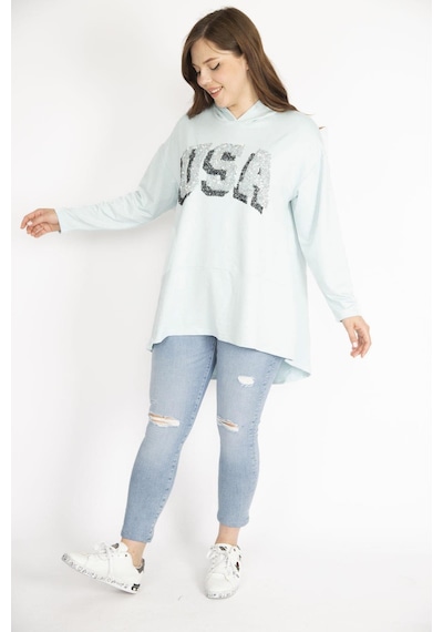 Şans Kadın Bebe Mavisi Büyük Beden Payet Detaylı Kapşonlu Arkası Uzun Sweatshirt-bebe Mavisi Bebek Mavisi