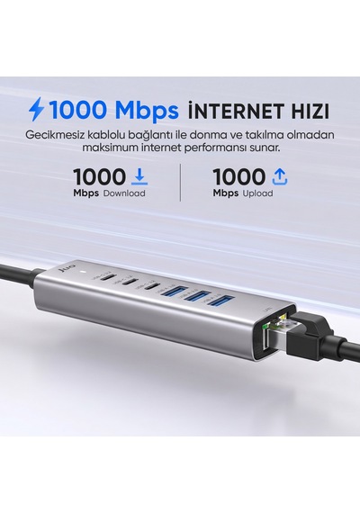 Juo Type-c Ve Usb-a 7 Portlu 3 Usb-a 3 Type-c Gigabit Ethernet Dönüştürücü Usb Çoklayıcı Hub
