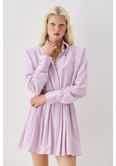 Sagaza Studio Ss6165 Beli Lastikli Mini Gömlek Elbise Pembe