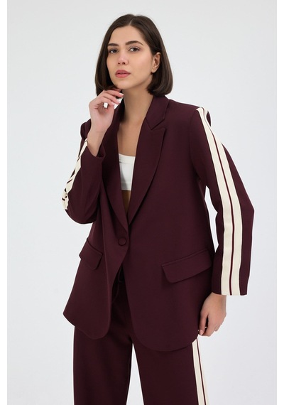 Diemmood Kadın Yan Şerit Detaylı Oversize Blazer Ceket & Palazzo Mürdüm Takım Mor