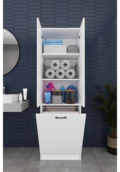 Modern Çamaşır Sepetli Çok Amaçlı Banyo Dolabı %100 Mdf Banyo Düzenleyici Dolap Bd06 Beyaz