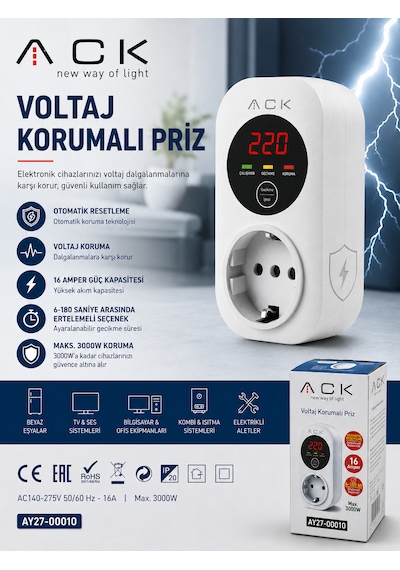 Ack Ay27-00010 Akım-gerilim Korumalı Prizi Tekli Beyaz 15a 140-275v 3000w Regülatör 0