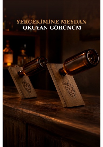 Dekoratif Masif Ahşap Şişe Denge Standı Özel Tasarım Dekoratif Şişe Tutucu Sunumluk